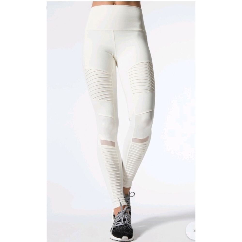Alo Yoga Moto High Rise Legging M Light Gray‎ Mesh Ankle Sculpting Yoga Gym